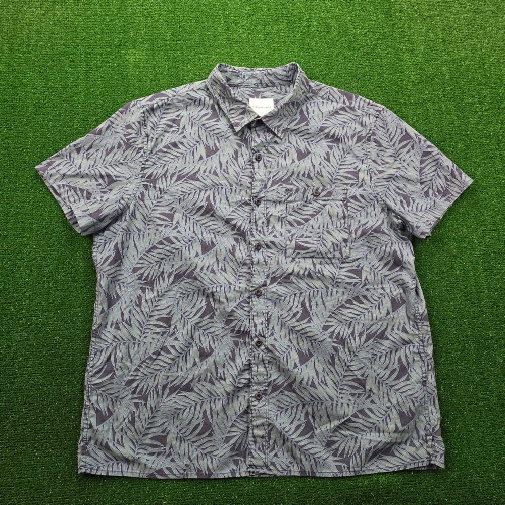 American Eagle Flex Shirt Mens XL Blue Floral Leaf‎ Pattern Button Up Beach